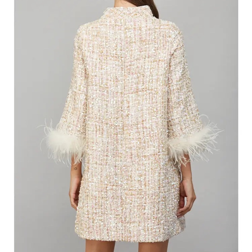 Cream Sequin Tweed Dress with Feather Cuffs - Picture 2 of 9